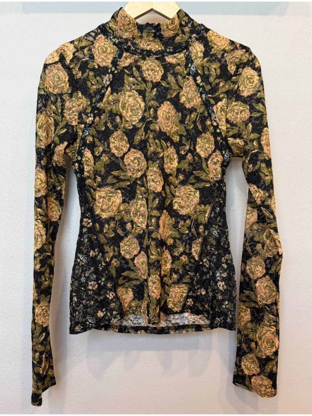 Free People Women's Lace Sheer Long Sleeve Floral Mock Neck Top XL Coquette Boho